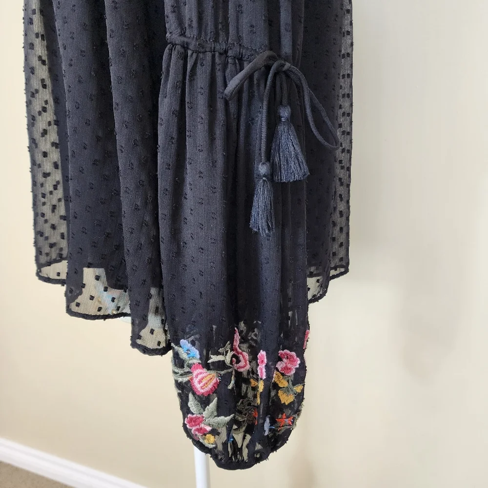 ZARA Trafaluc Black Embroidered Floral Long Sleeve Tassel Chiffon Top Boho XS - Picture 5 of 12